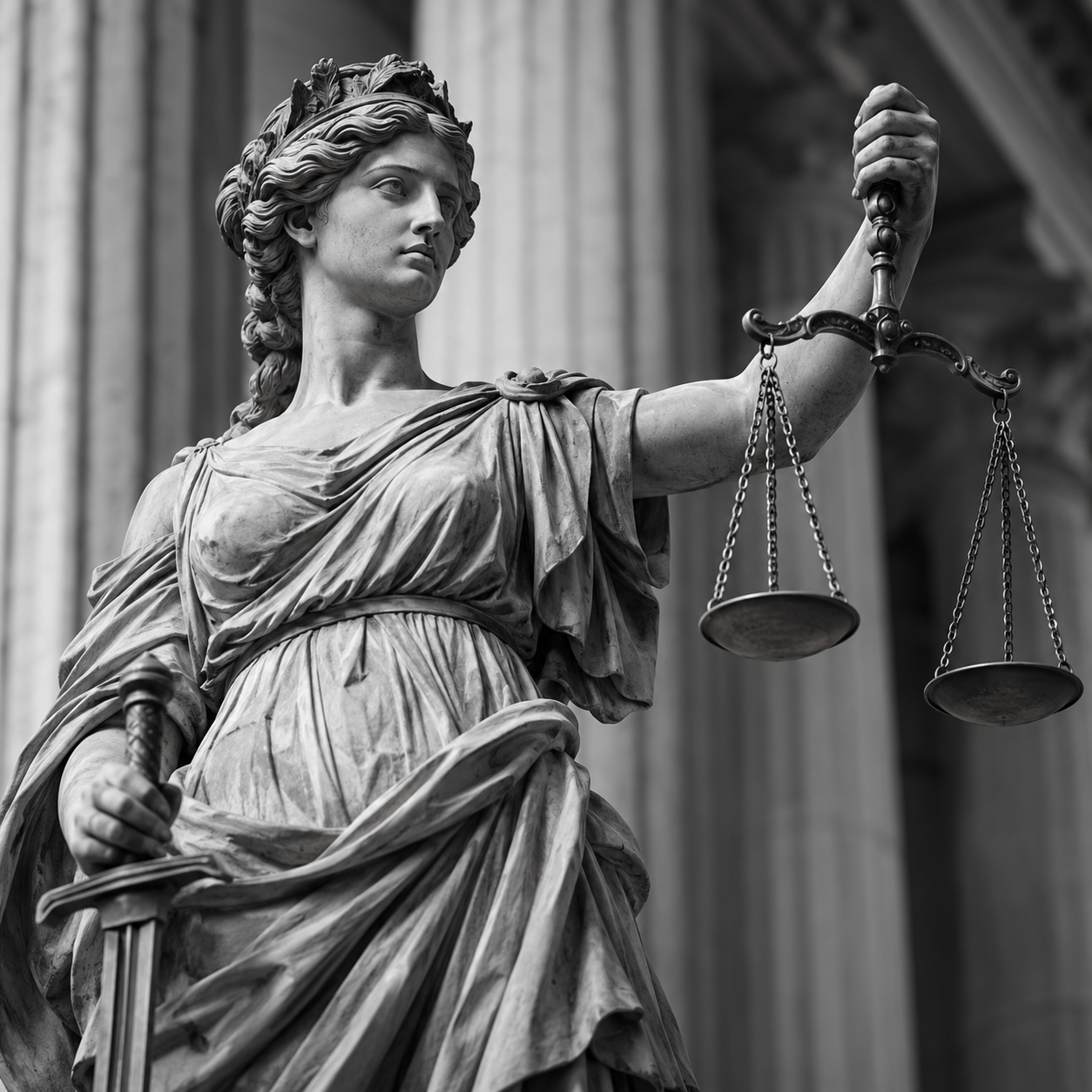 Estatua de la justicia con balanza y espada